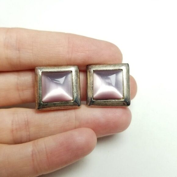 Vintage Lavender Purple Square Clip On Earrings, Silver Tone Setting, Estate - Picture 4 of 6